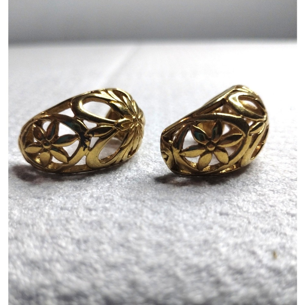 Gold Tone Filigree Floral J-Hoop Earrings Open Work Flower Design Post Back